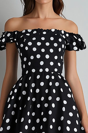 Off The Shoulder A Line Sort Hvid Polka Dots Kjole
